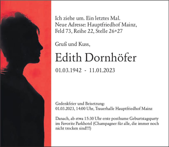 Traueranzeige von Edith Dornhöfer von Allgemeine Zeitung Mainz