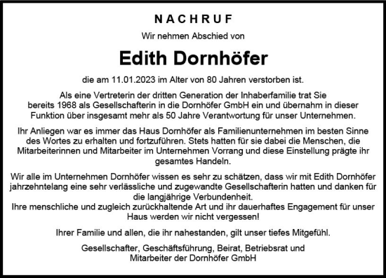 Traueranzeige von Edith Dornhöfer von Allgemeine Zeitung Mainz