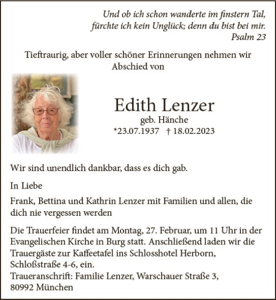Traueranzeige von Edith Lenzer von Dill Block