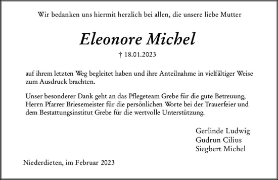 Traueranzeige von Eleonore Michel von Hinterländer Anzeiger