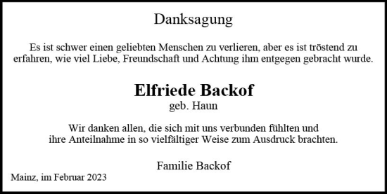 Traueranzeige von Elfriede Backof von Allgemeine Zeitung Mainz