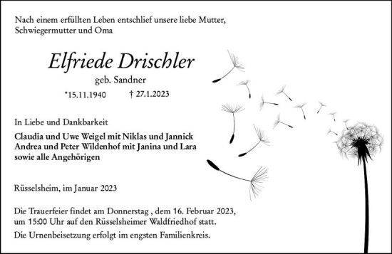 Traueranzeige von Elfriede Drischler von Rüsselsheimer Echo