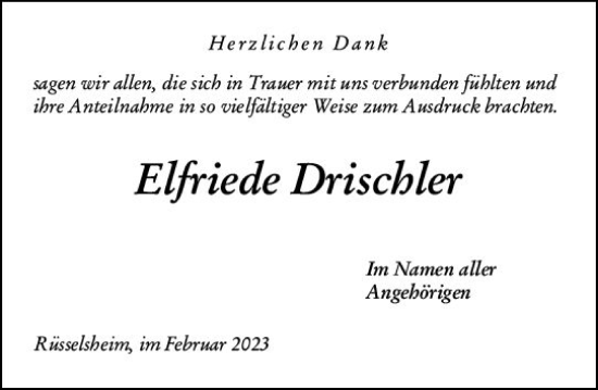 Traueranzeige von Elfriede Drischler von Rüsselsheimer Echo