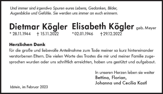 Traueranzeige von Elisabeth Kögler von Idsteiner Land / Untertaunus Kurier