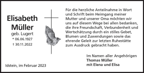 Traueranzeige von Elisabeth Müller von Idsteiner Land / Untertaunus Kurier