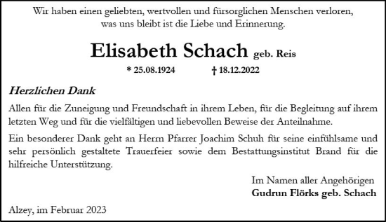 Traueranzeige von Elisabeth Schach von Allgemeine Zeitung Alzey