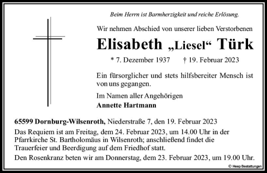 Traueranzeige von Elisabeth Türk von Nassauische Neue Presse