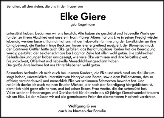 Traueranzeige von Elke Giere von Wiesbadener Kurier gesamt