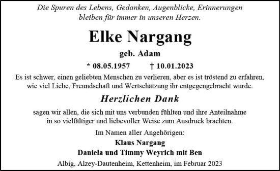 Traueranzeige von Elke Nargang von Allgemeine Zeitung Alzey