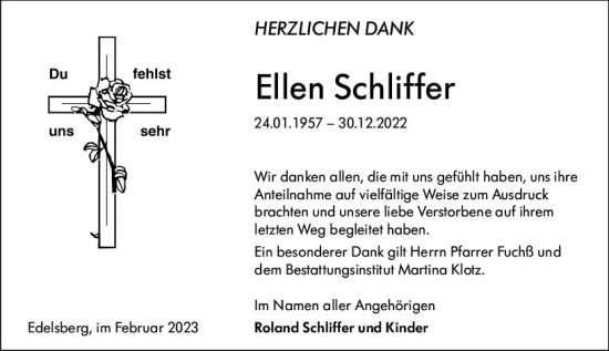 Traueranzeige von Ellen Schliffer von Weilburger Tageblatt