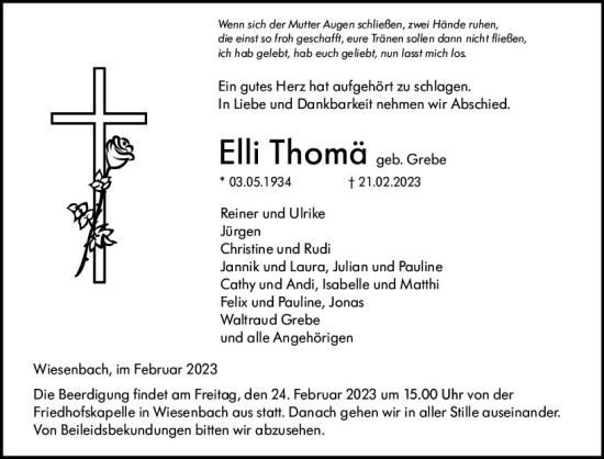 Traueranzeige von Elli Thomä von Hinterländer Anzeiger
