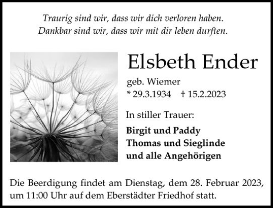 Traueranzeige von Elsbeth Ender von Darmstädter Echo