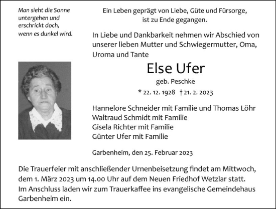 Traueranzeige von Else Ufer von Wetzlarer Neue Zeitung