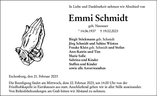Traueranzeige von Emmi Schmidt von Dill Block