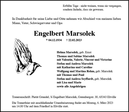 Traueranzeige von Engelbert Marsolek von Wiesbadener Kurier