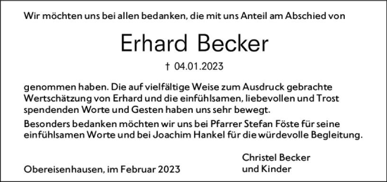 Traueranzeige von Erhard Becker von Hinterländer Anzeiger