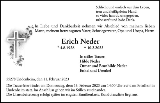 Traueranzeige von Erich Neder von Allgemeine Zeitung Mainz