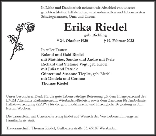 Traueranzeige von Erika Riedel von Wiesbadener Kurier