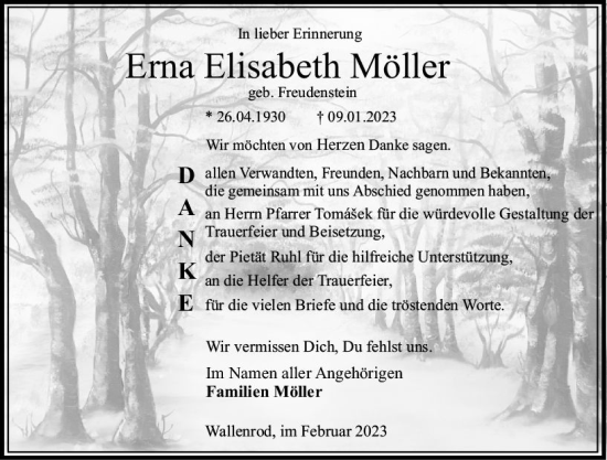 Traueranzeige von Erna Elisabeth Möller von OK Oberhessen Kurier