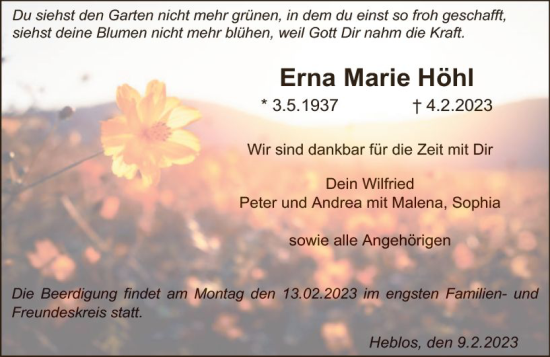 Traueranzeige von Erna Marie Höhl von VRM Trauer