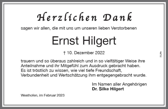 Traueranzeige von Ernst Hilgert von Wormser Zeitung