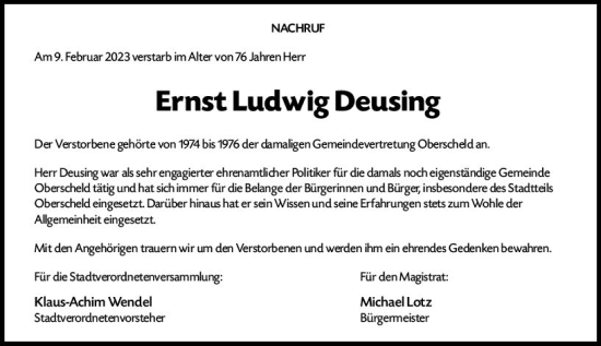 Traueranzeige von Ernst Ludwig Deusing von Dill Block