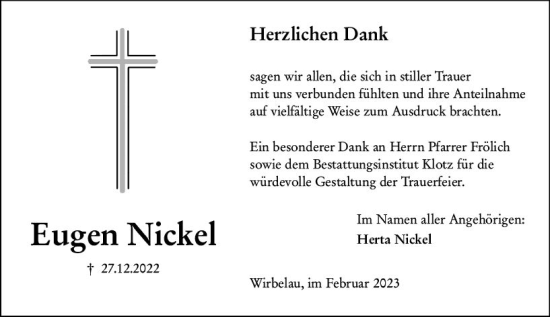 Traueranzeige von Eugen Nickel von Weilburger Tageblatt