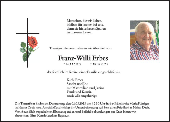 Traueranzeige von Franz-Willi Erbes von Allgemeine Zeitung Mainz