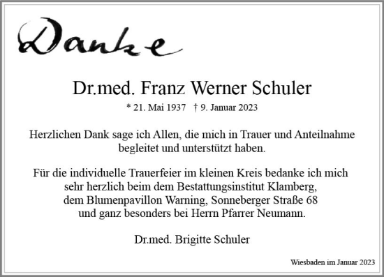 Traueranzeige von Franz Werner Schuler von Wiesbadener Kurier gesamt
