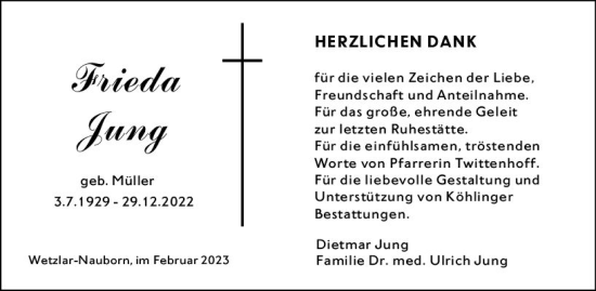 Traueranzeige von Frieda Jung von Wetzlarer Neue Zeitung