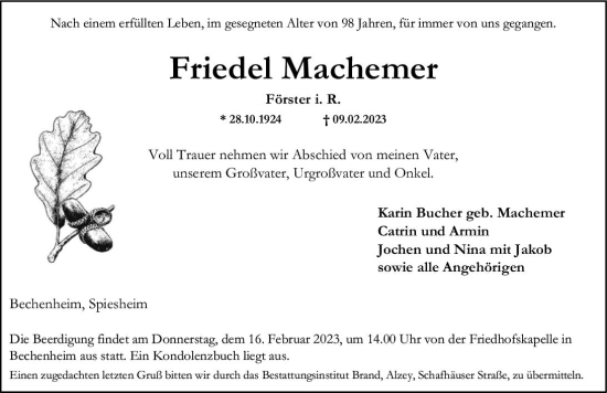 Traueranzeige von Friedel Machemer von Allgemeine Zeitung Alzey