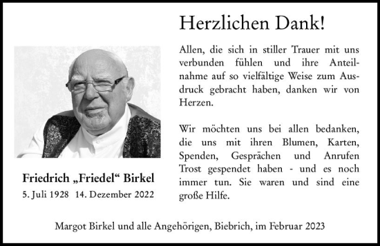 Traueranzeige von Friedrich Birkel von Wiesbadener Kurier gesamt