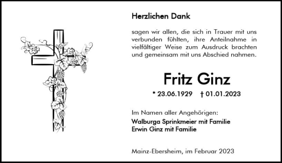 Traueranzeige von Fritz Ginz von Allgemeine Zeitung Mainz