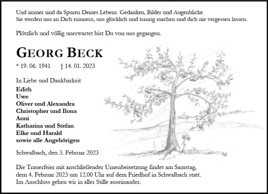 Traueranzeige von Georg Beck von Wetzlarer Neue Zeitung