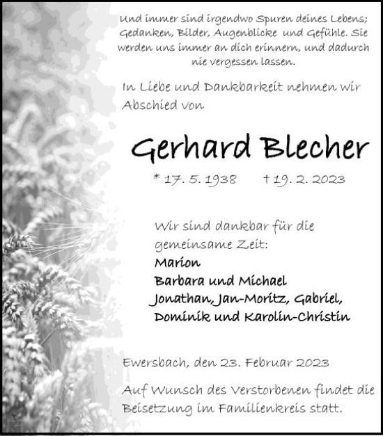Traueranzeige von Gerhard Blecher von Dill Block