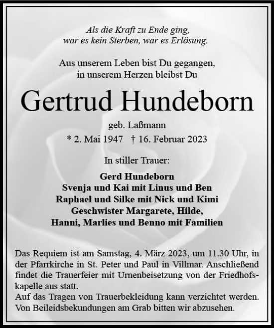 Traueranzeige von Gertrud Hundeborn von Nassauische Neue Presse