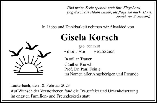 Traueranzeige von Gisela Korsch von VRM Trauer