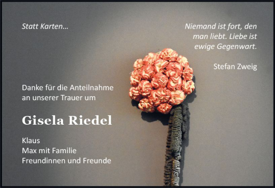 Traueranzeige von Gisela Riedel von Allgemeine Zeitung Bad Kreuznach