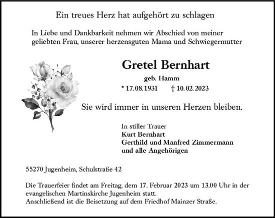 Traueranzeige von Gretel Bernhart von Allgemeine Zeitung Mainz