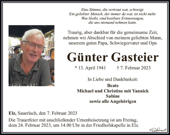 Traueranzeige von Günter Gasteier von Nassauische Neue Presse