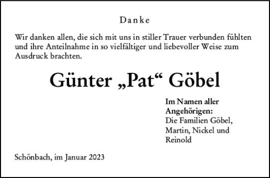 Traueranzeige von Günter Göbel von Dill Block