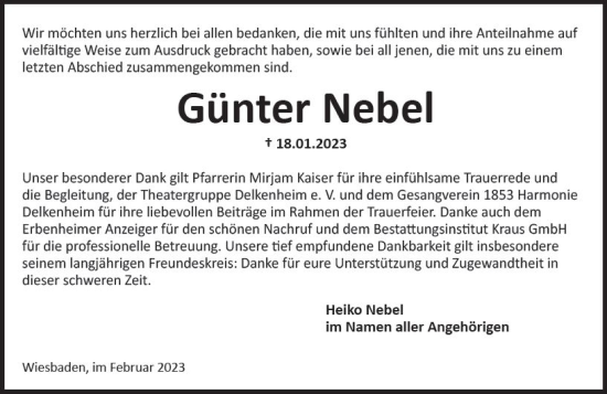 Traueranzeige von Günter Nebel von Wiesbadener Kurier