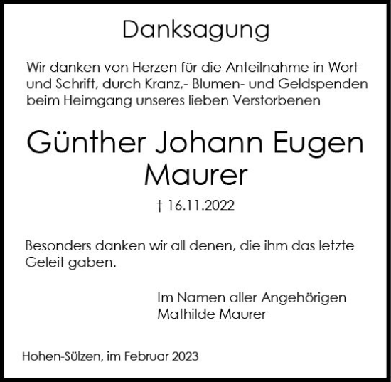 Traueranzeige von Günther Johann Eugen Maurer von Wormser Zeitung
