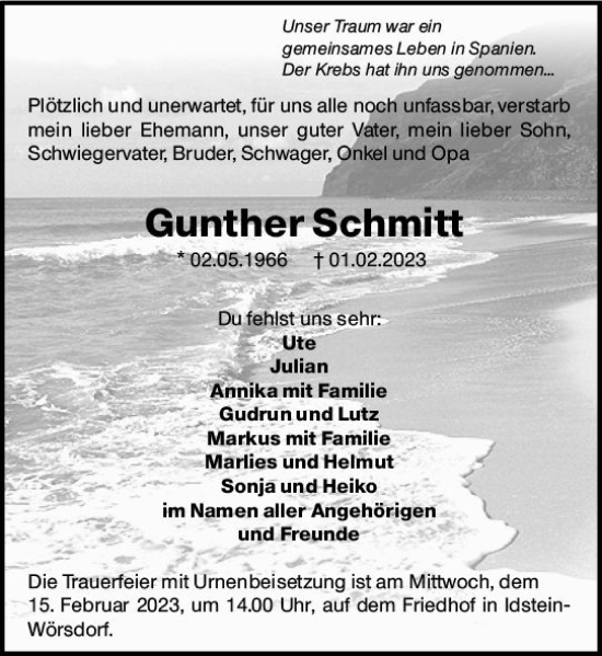 Traueranzeige von Gunther Schmitt von Wiesbadener Kurier gesamt