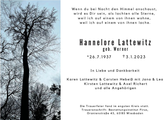 Traueranzeige von Hannelore Lattewitz von Wiesbadener Kurier gesamt
