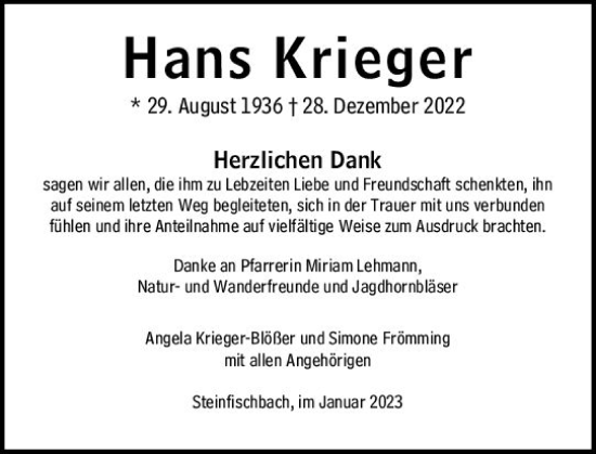 Traueranzeige von Hans Krieger von Camberger Anzeiger