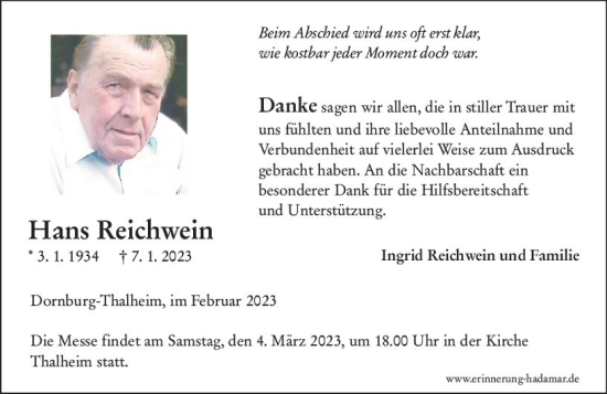 Traueranzeige von Hans Reichwein von Nassauische Neue Presse