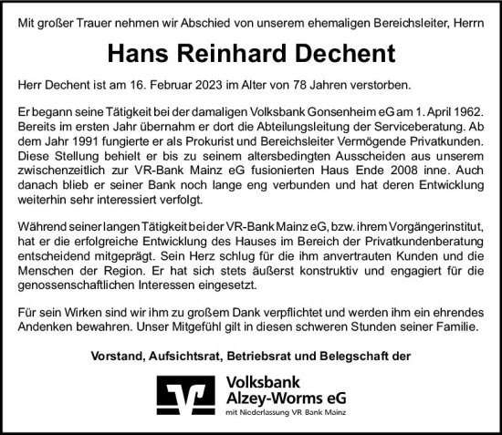 Traueranzeige von Hans Reinhard Dechent von Allgemeine Zeitung Mainz