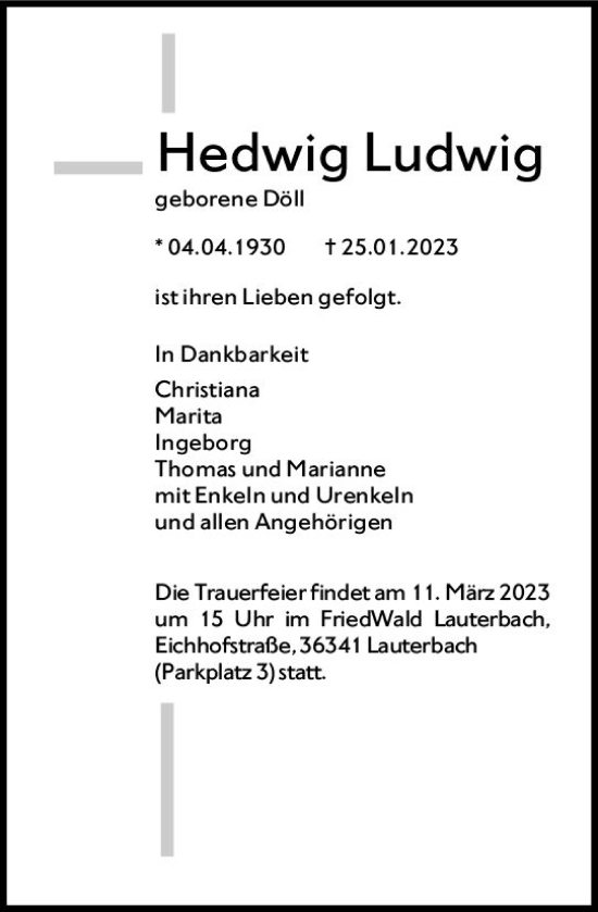Traueranzeige von Hedwig Ludwig von VRM Trauer