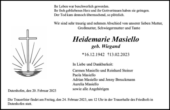 Traueranzeige von Heidemarie Masiello von Wetzlarer Neue Zeitung